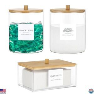 Glass Jars Set with Bamboo Lid & Labels, Laundry Pods & Powder Detergent Storage